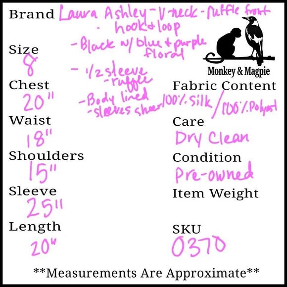 Laura Ashley Top Women's 8 Black Blue Purple Dark Floral Silk Ruffle V-neck - Picture 8 of 8